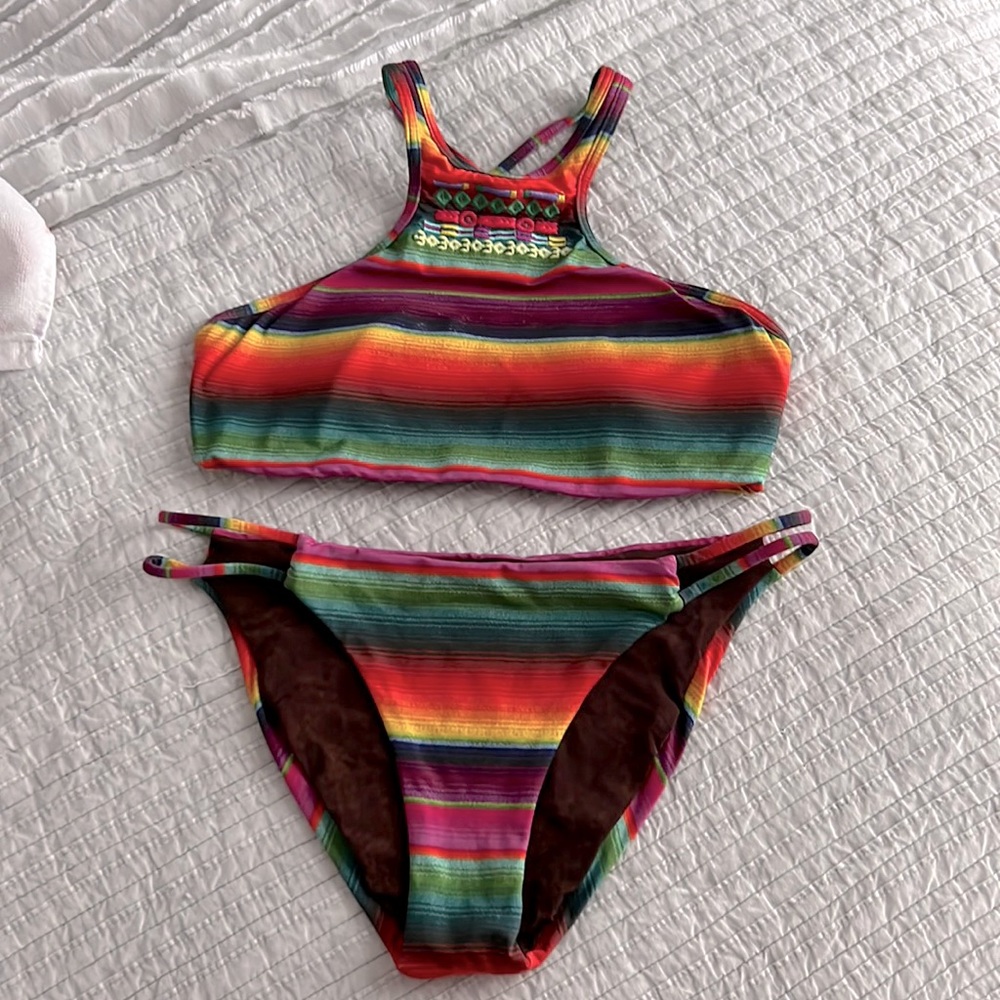 PilyQ Barcelona multi color stripe tribal high neck bikini
